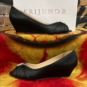 ERIJUNOR-women’s black satin Comfortable Low Heel Wedges Peep Toe Wedding Shoes